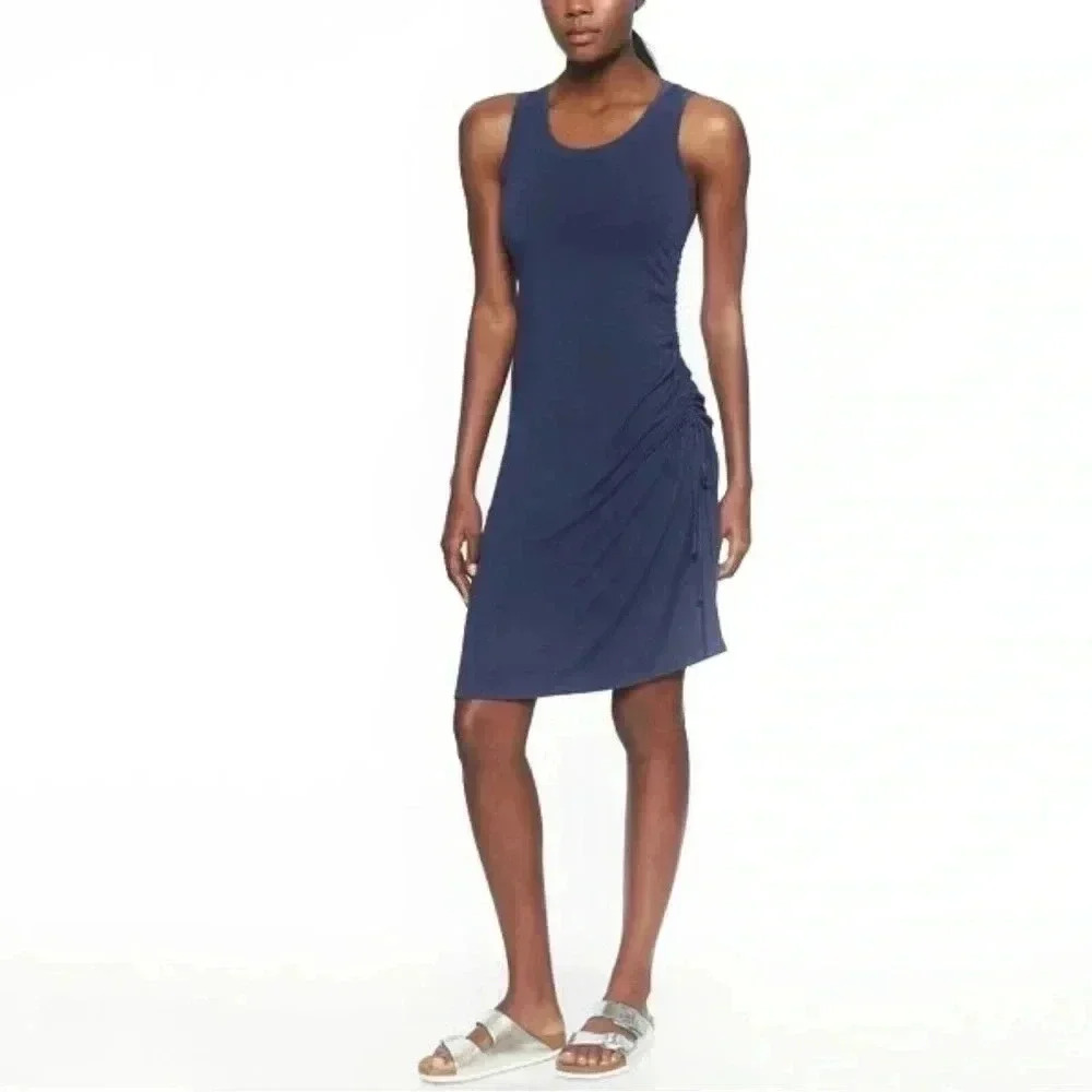 Athleta Active Sleeveless tank Dress Side Gather Ruched Midi Navy women’s Small